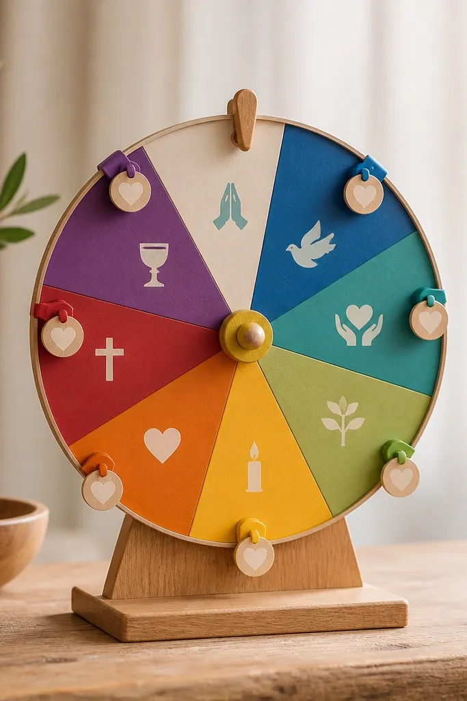 A circular spinner mounted on a wooden base. The wheel is divided into 8 slices, each slice a different color with a prayer word and tiny icon. Around the edges are small removable tags clipped under each slice.
