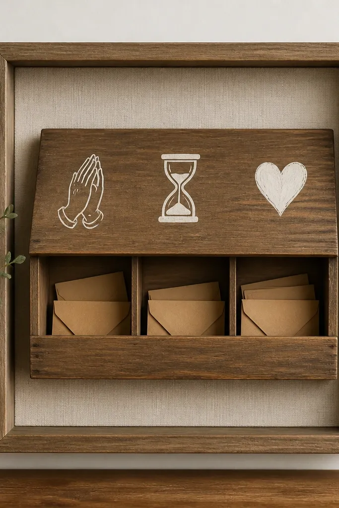 A shallow wooden box sits inside a frame like a shadow box. The front has a linen background. On the top lid are painted icons: “Pray,” “Wait,” and “Thank You.” Small envelopes are tucked into the box compartments.