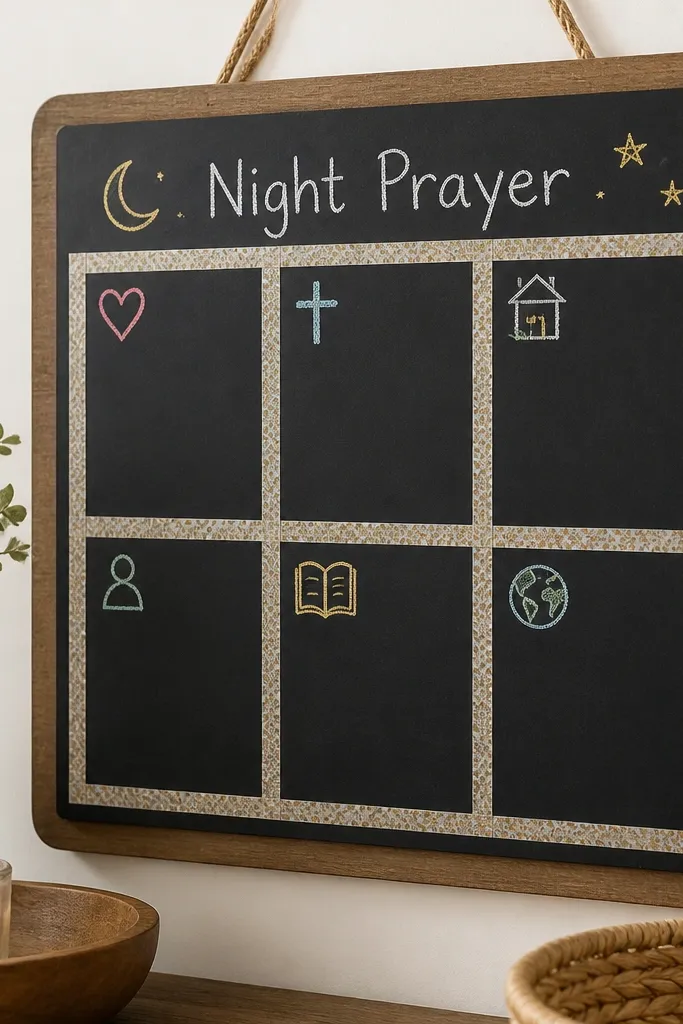 A small chalkboard mounted on a board backing. Washi tape creates a clean grid with sections labeled by hand in neat chalk. The top reads “Night Prayer,” and each grid box has a simple icon and blank space.