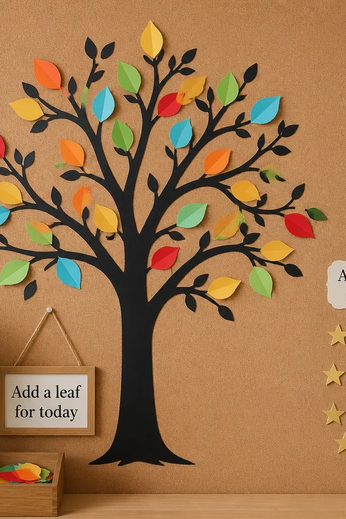 A vinyl wall decal of a tree on a cork board background. Bright paper leaves are arranged on branches. A small sign reads “Add a leaf for today” and a separate section says “Answered prayers” with gold star stickers.
