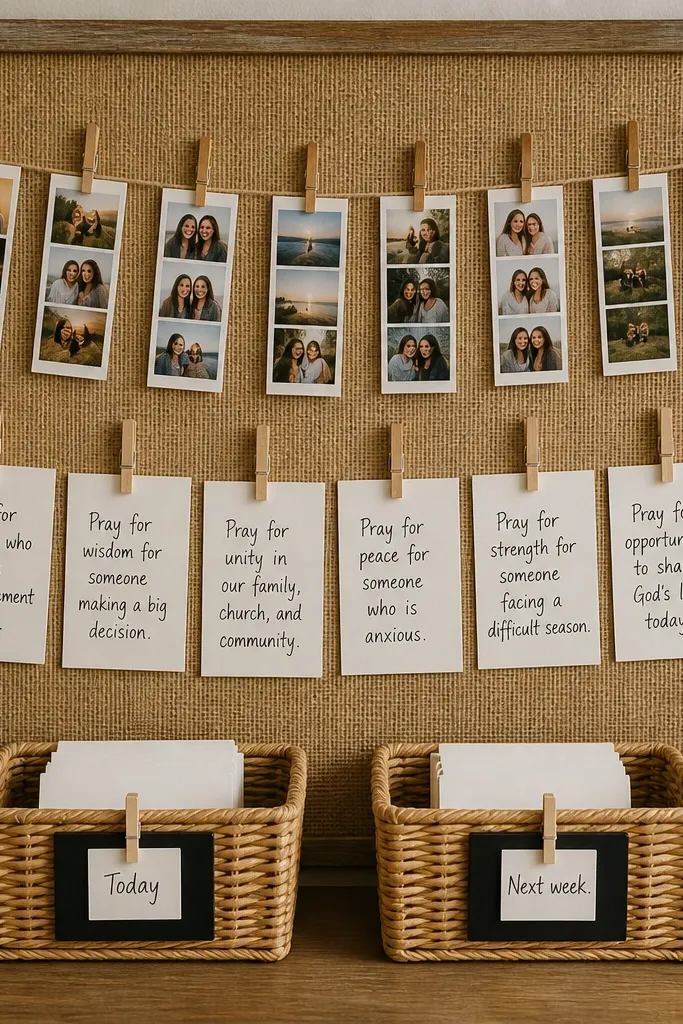 A burlap board with a line of mini photo strips clipped at the top. Below, clothespins hold prayer cards with handwritten prompts. The board includes two baskets: one for “Today” cards and one for “Next week.”