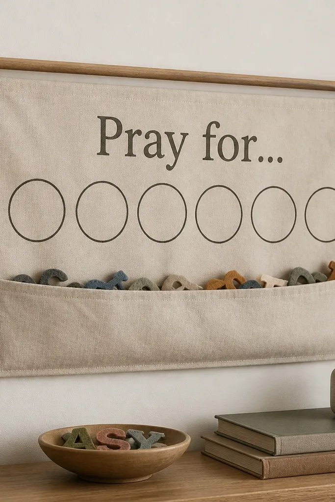 A fabric banner stretched across a wooden dowel mounted to the wall. The banner has printed words “Pray for…” and a row of blank circles. Name tags made from felt letters attach with Velcro underneath a small pocket.