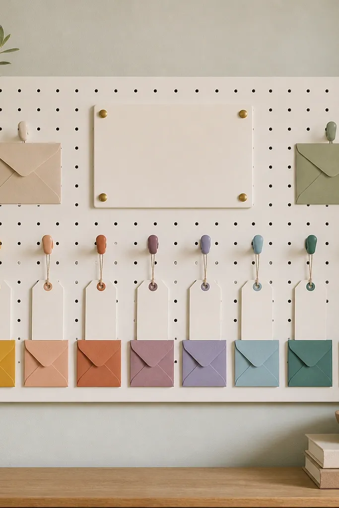 A white pegboard painted to match a room. Color-coded hooks hold small envelopes and hanging prayer prompts. A central sign reads “Morning & Night,” with two rows of hooks labeled by color.