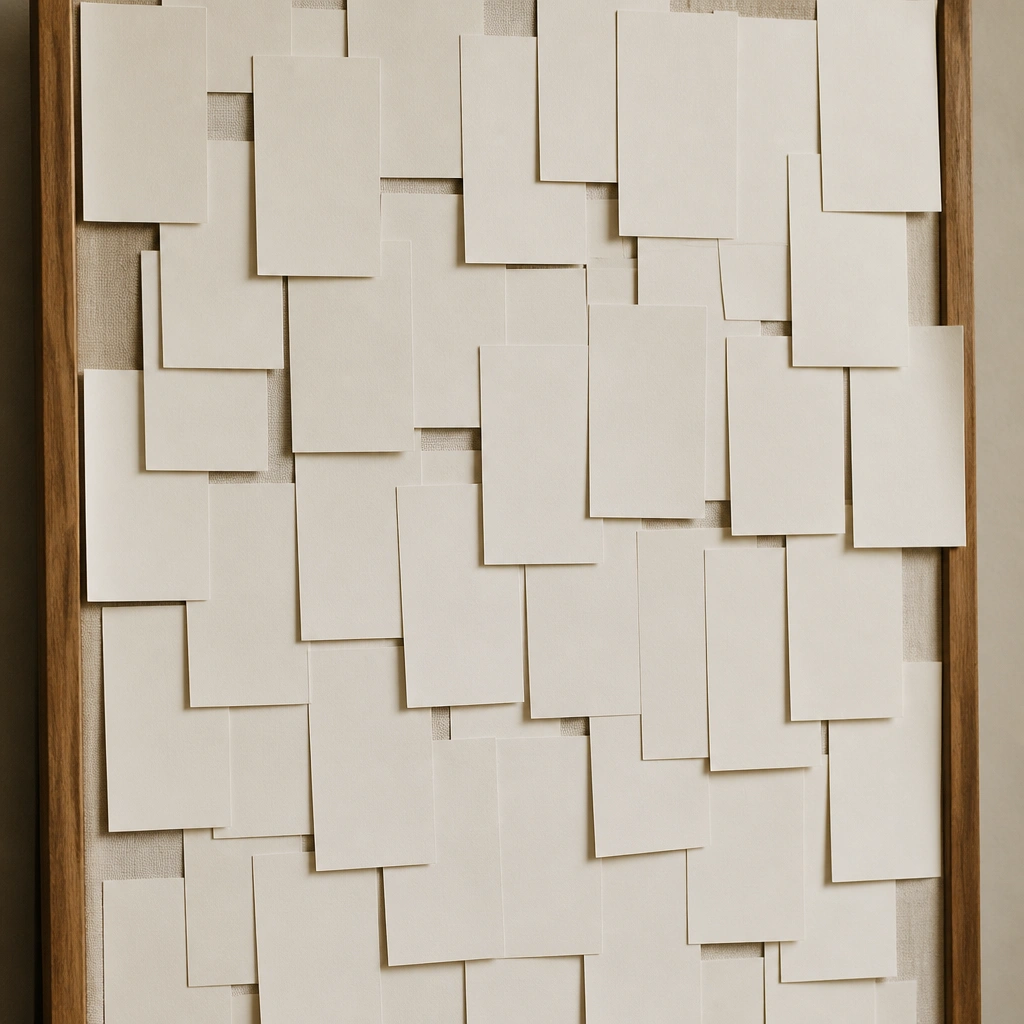 A board covered in prayer cards that are all identical rectangles, overlapping in different corners, with no color coding or labels.