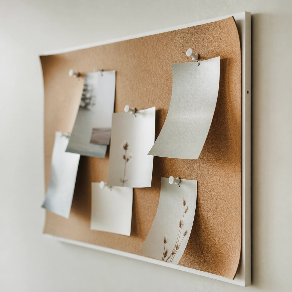 A thin cork panel mounted on foam board, with push pins pulling through and cards sagging; the corners are slightly curled.