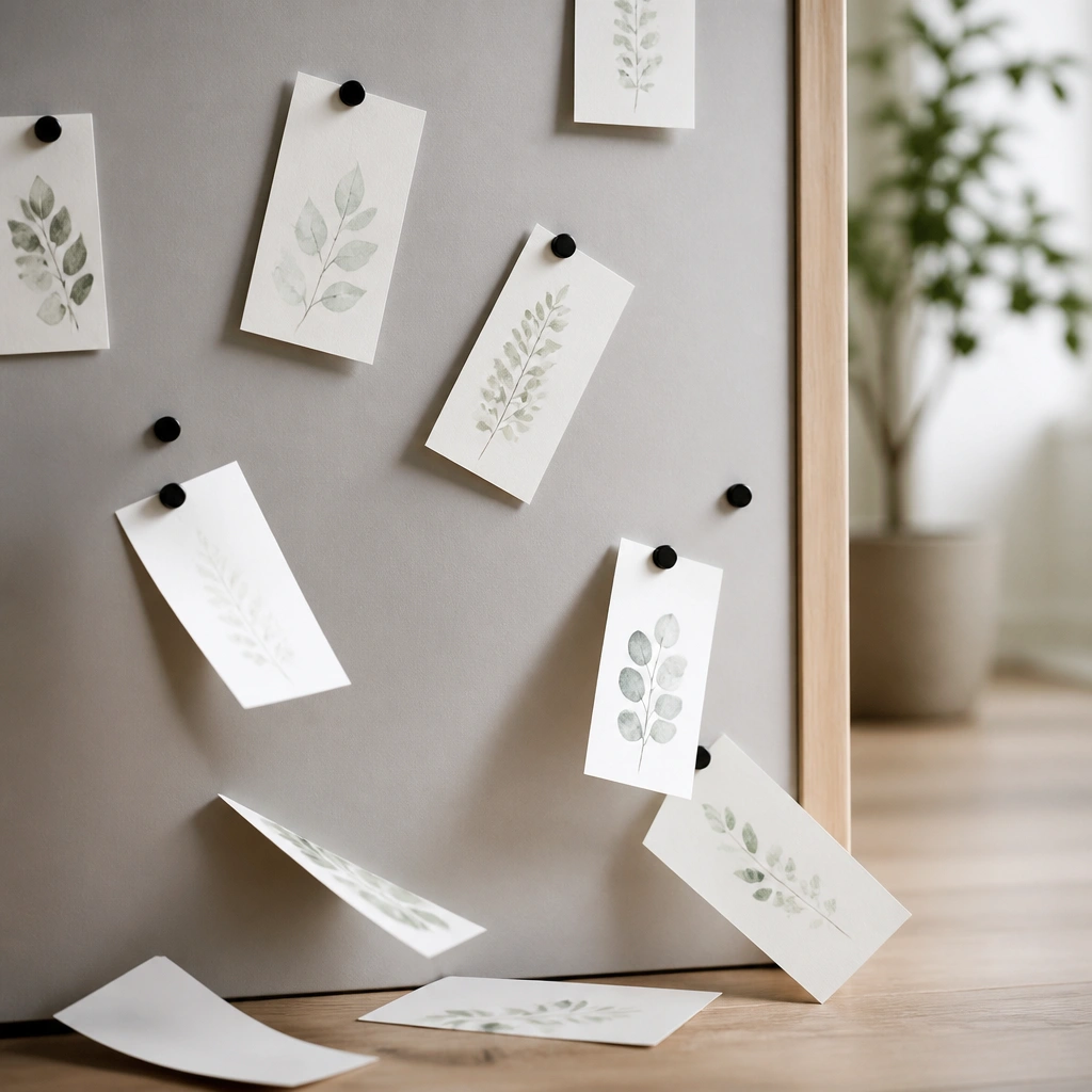 Paper prayer cards falling off a board where small magnets are placed inconsistently; a few cards are angled and sliding.