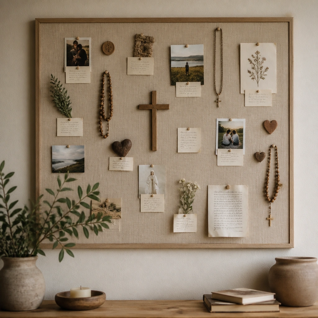 A prayer board with handwriting labels in small font; the labels are tucked under items and not clearly visible from standing height.