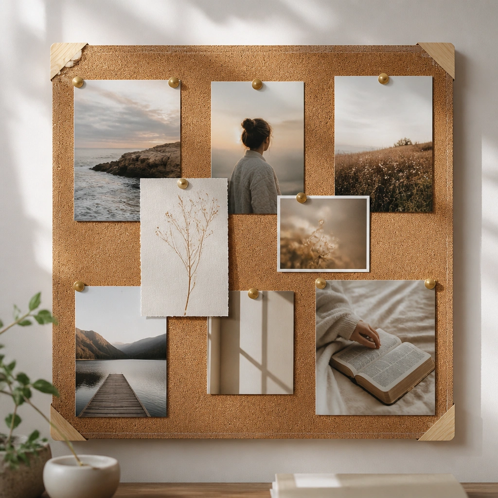 A prayer board with exposed cork edges and uncovered wood frame corners; push pins are visible and close to the border.