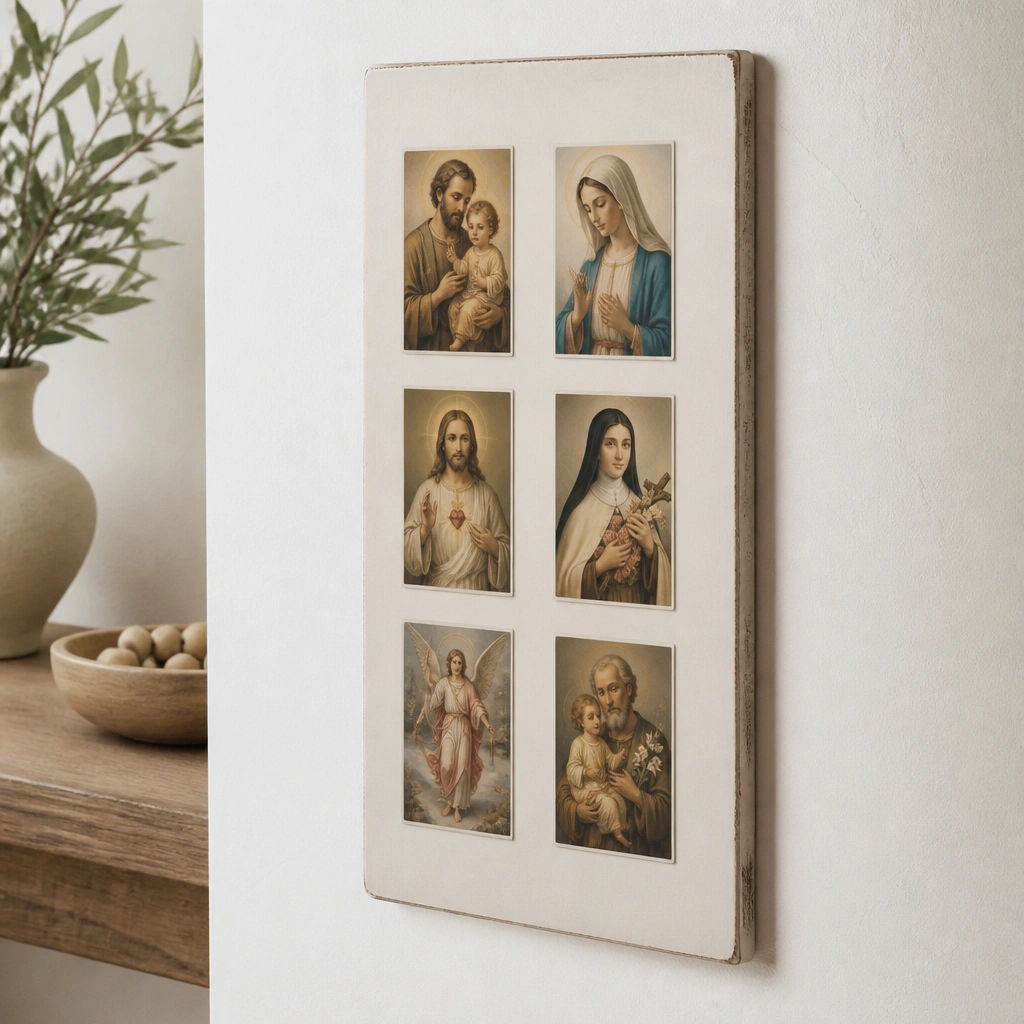 Prayer cards glued to the board with thick adhesive; there’s no slot, pocket, or card holder for changes.