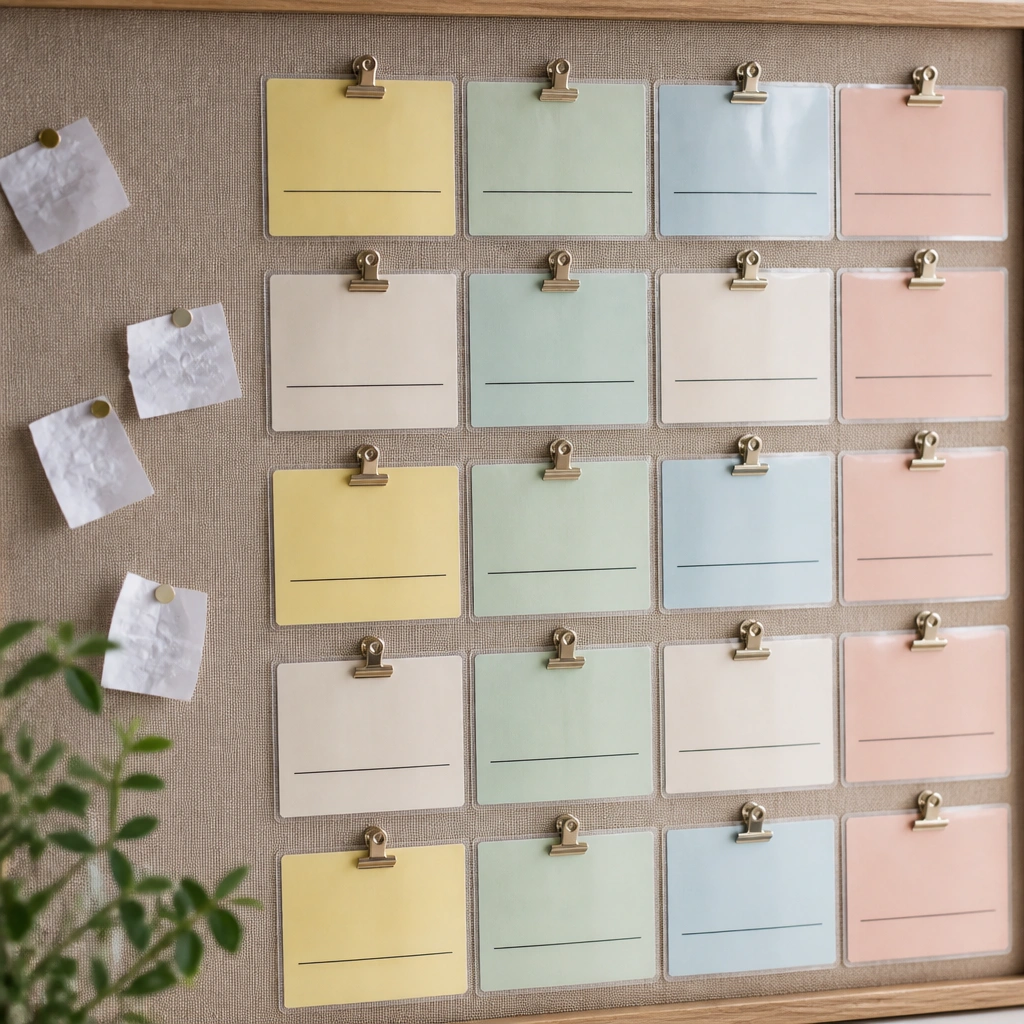 A cork or fabric board with several laminated rectangles in a grid; each rectangle has a handwritten dry-erase line and a small clip. The before image shows wrinkled paper slips pinned randomly.