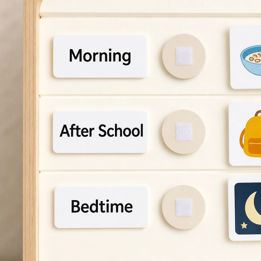A board close-up with bold black letters on white labels reading “Morning,” “After School,” and “Bedtime.” The background color changes from muted gray in the before photo to bright cream in the after photo.
