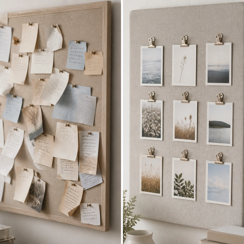 A fabric or felt board with small metal binder clips holding photo-sized prayer cards. The before photo shows thumbtacks holding many small notes with bent corners.