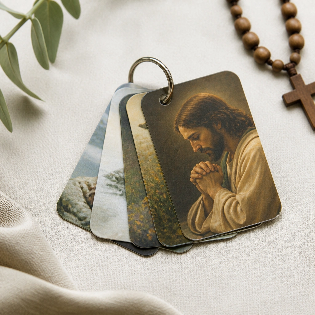 A small binder-ring keychain holding 3-5 prayer cards with rounded corners. The before photo shows only a flat board with no portable option.