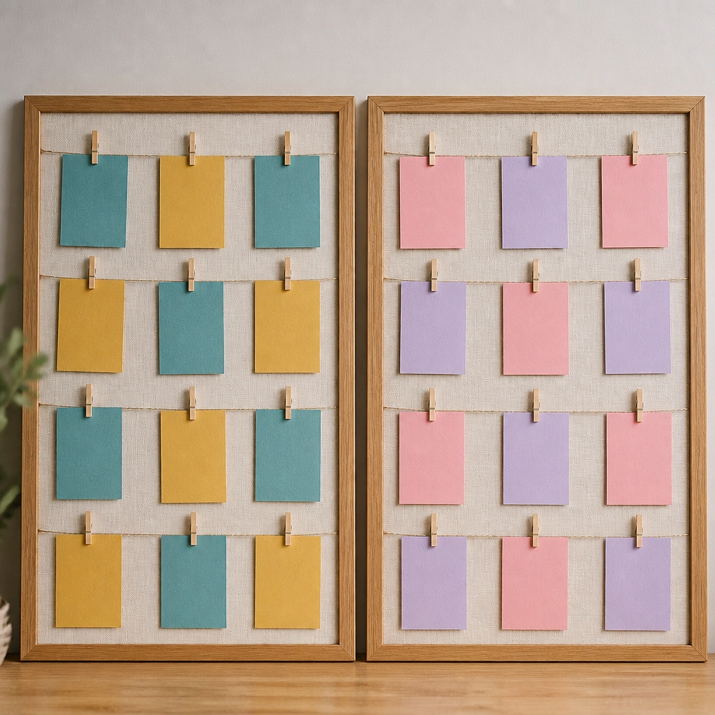Two prayer boards side by side (or two halves of one board) with color-coded cards: one child’s cards are teal and mustard, the other’s are pink and lavender. Before shows mixed pastel papers without a pattern.