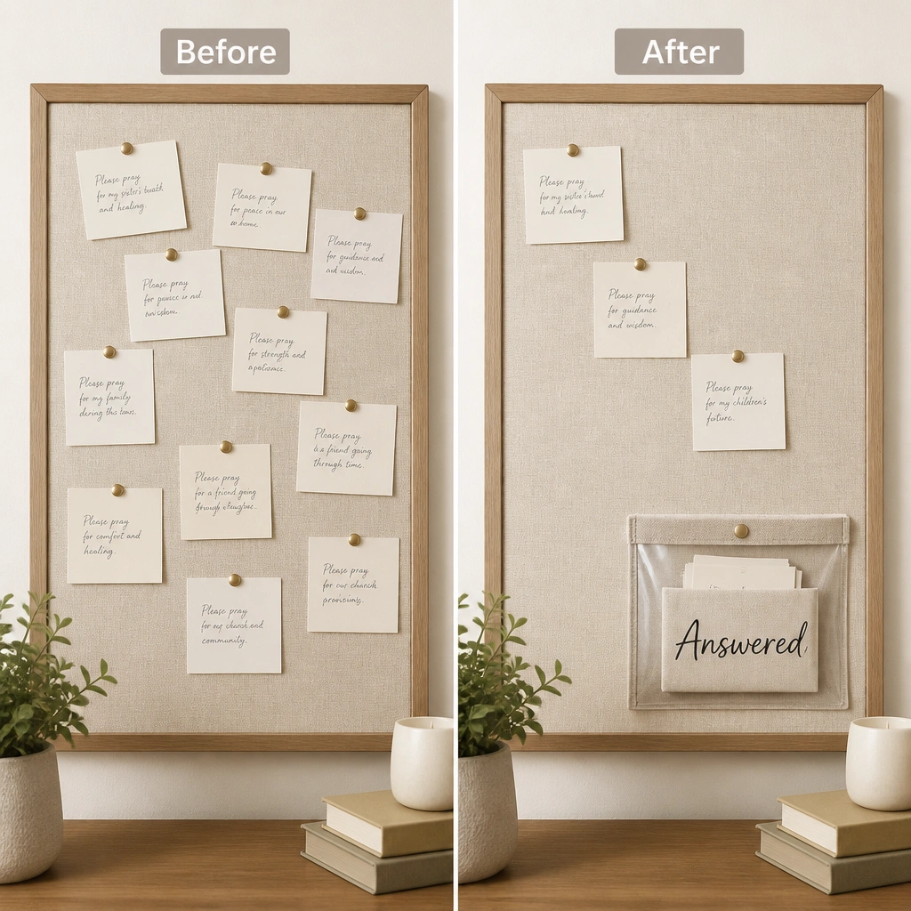 A clear pocket envelope or small fabric pouch labeled “Answered” on the lower right of the board. Before shows prayers pinned with no place to move them after they’re answered.