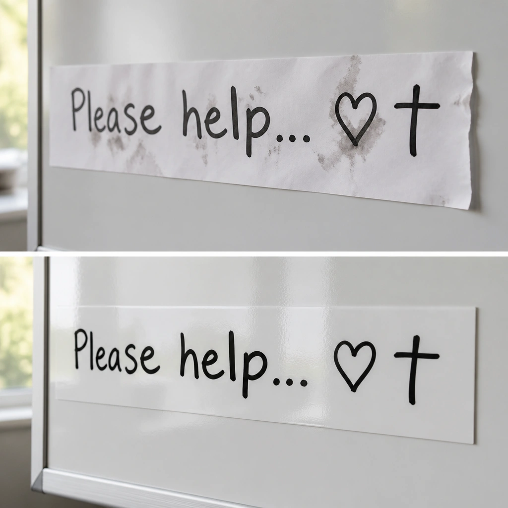 A long horizontal strip on the board with a glossy surface (whiteboard film or laminated sheet) and thick marker handwriting reading “Please help…” plus icons of a heart and a cross. The before photo shows smudged ink on paper.