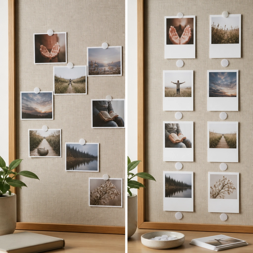 Prayer cards that show a small printed photo on top and a short prompt on the bottom, each attached to the board with Velcro dots. Before shows only loose photos pinned without labels.