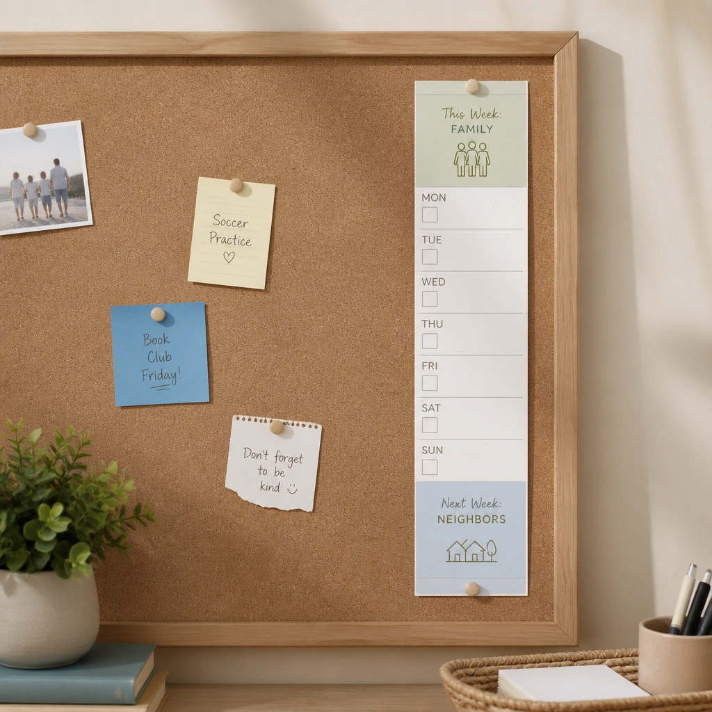 A narrow calendar strip on the board labeled with days of the week, showing checkboxes and a rotating theme like “Family,” “Neighbors,” and “School.” The before image shows blank board space with scattered notes.