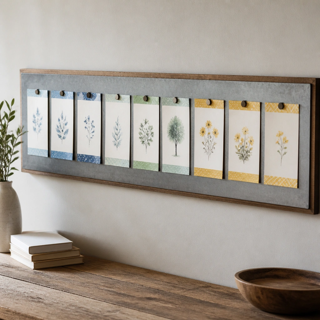 A slim metal sheet mounted on a wooden backing with a long strip of verse cards held by small magnets. The cards are color-coded with washi tape borders: blue for peace, green for growth, yellow for gratitude.