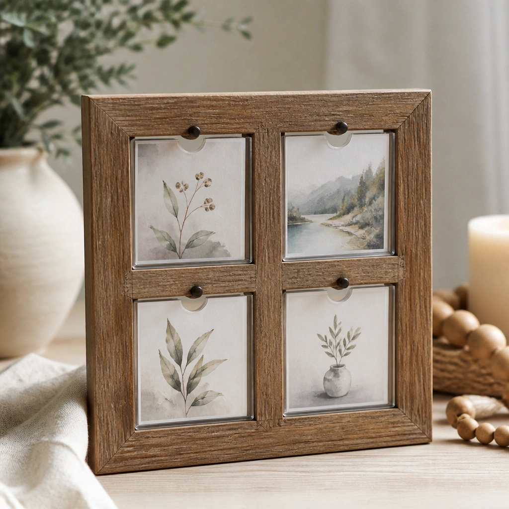 A small picture-frame style prayer board with four window openings. Each window holds a paper card inside a clear sleeve, and the cards rotate by sliding them out from the back.