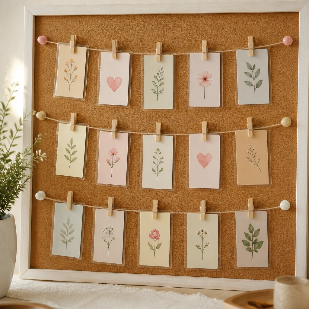 A corkboard with small laminated tabs clipped to string lines. Each tab has a short prayer phrase typed or written, sealed with clear contact paper, and the string is held in place with push pins.
