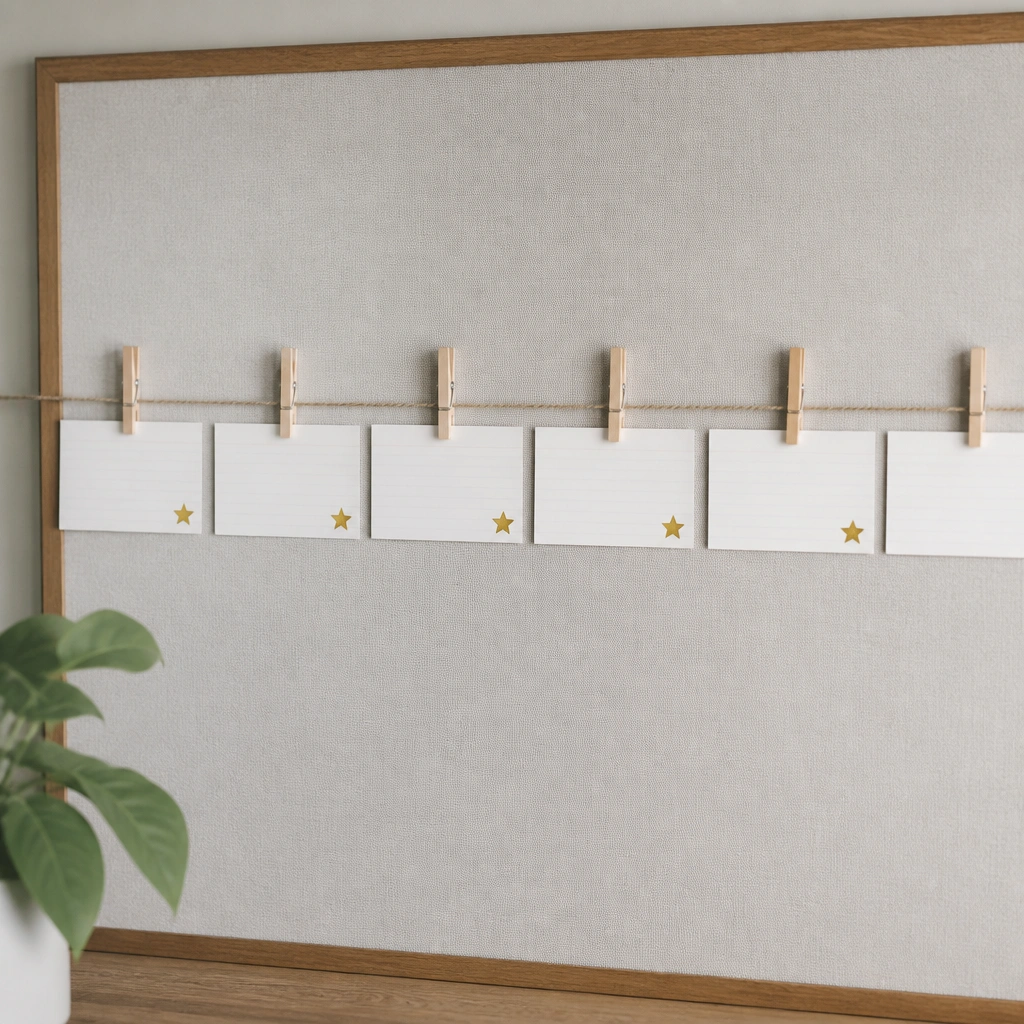 A horizontal line across the board with clothespins attached to it. Small cards labeled Answered are clipped in order, with a star sticker near each one.