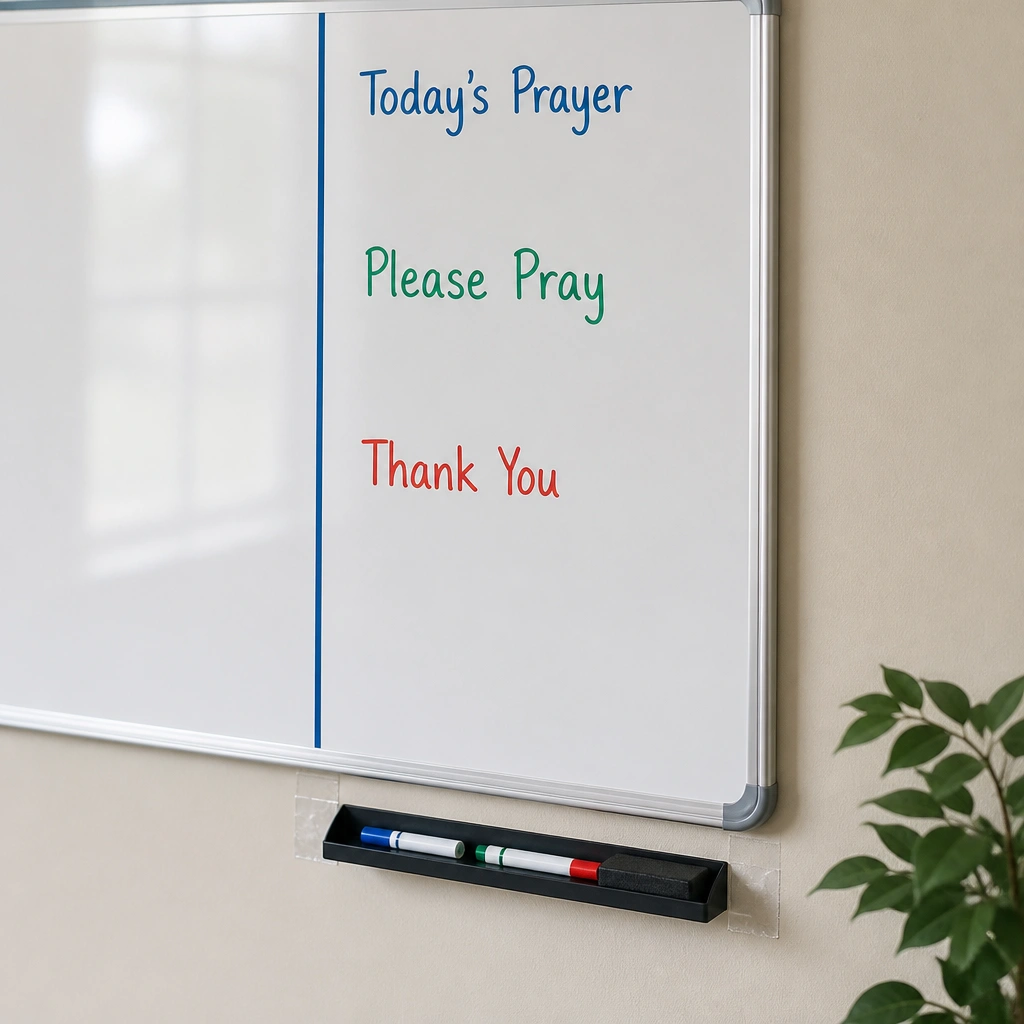 A small whiteboard section on the right side of a larger board, with a dry-erase marker tray taped underneath. The board has headings: Today’s Prayer, Please Pray, and Thank You, each written in different colors.