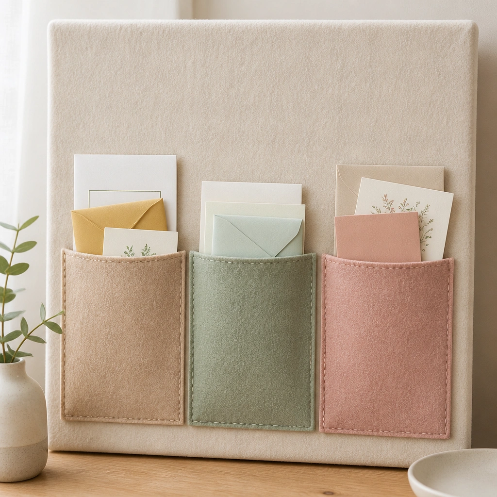 A soft fabric panel (felt or cotton) stretched onto a backing board with three sewn pockets labeled Family, Friends, and Needs. Inside each pocket are folded cards and small envelopes.