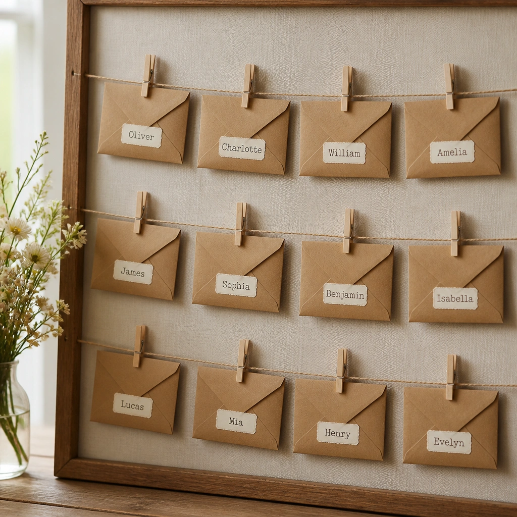 A board with multiple small envelopes clipped to a string, each envelope labeled with a person’s name using stickers. The envelopes are made from brown paper and have flap closures.