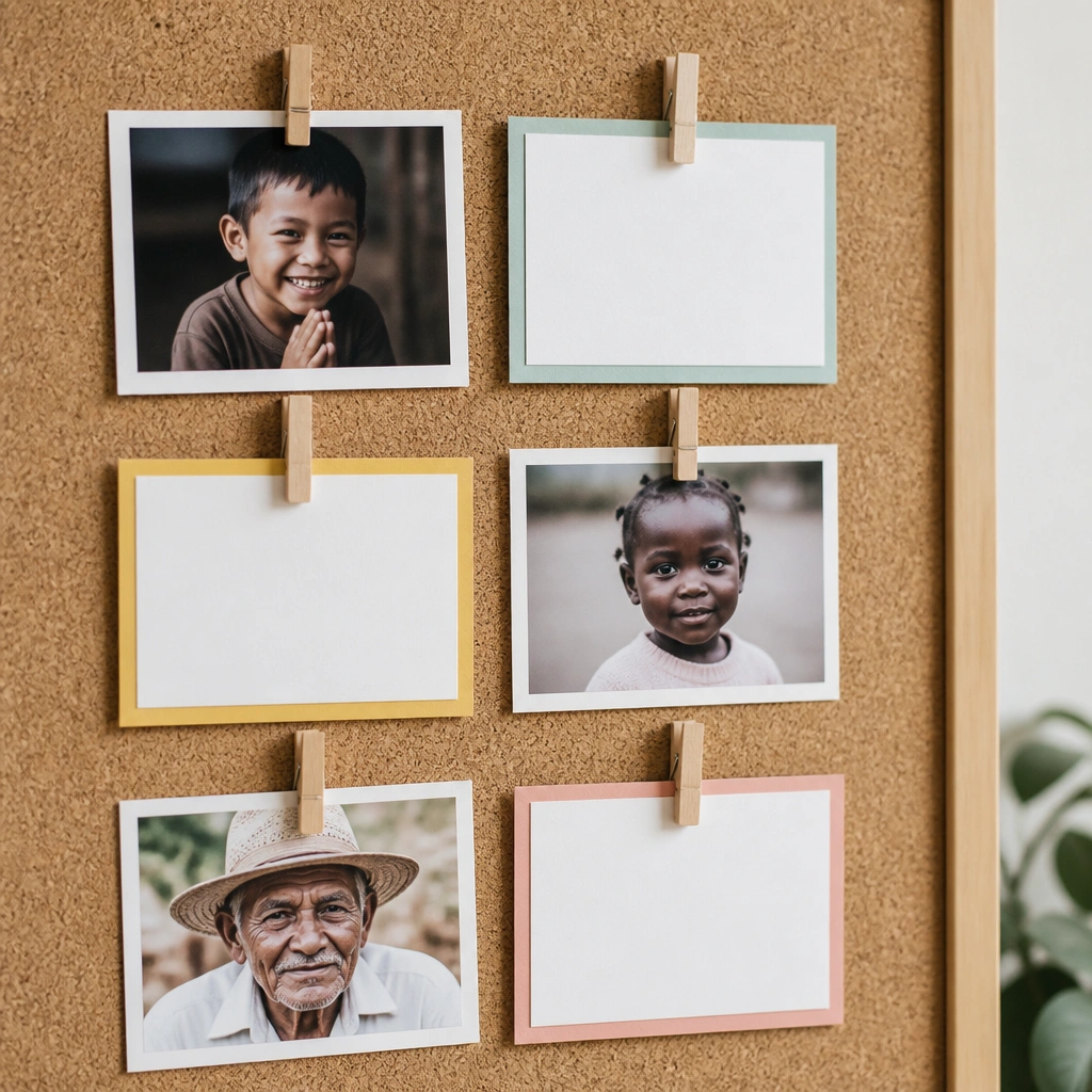A cork board section with small printed photos clipped in frames, and next to each photo a card that says Please pray for... The cards are held by mini clothespins and bordered with colored paper.