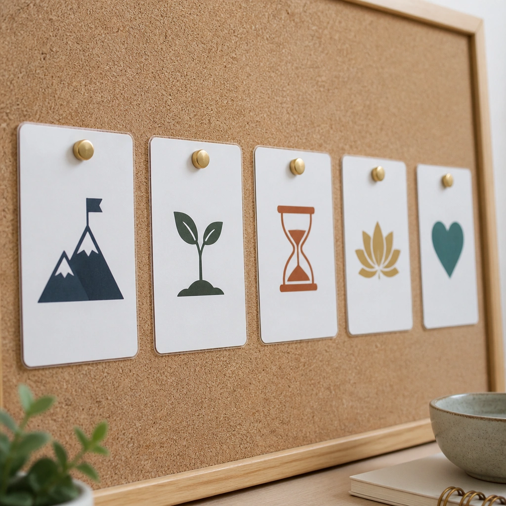 A corkboard with a row of laminated cards pinned with small magnetic tacks. The cards show short prompts like “Courage,” “Patience,” and “Healing,” each with a simple icon.