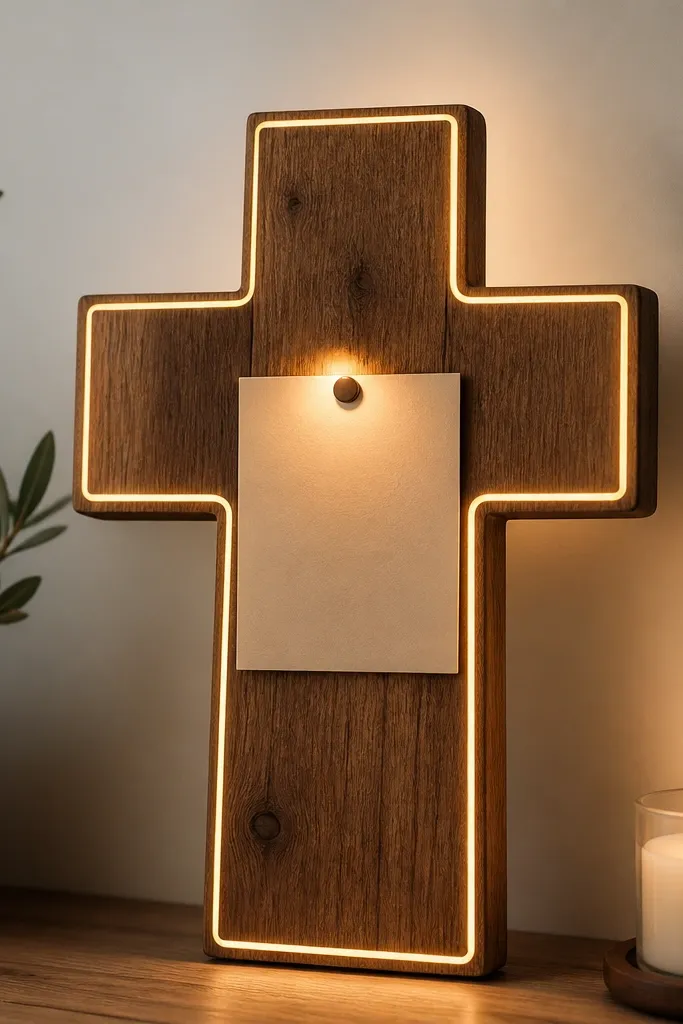 A wooden prayer board cut into a simple cross silhouette, with thin LED strip lights outlining the cross edges and a small lamp-like glow behind a central verse card.