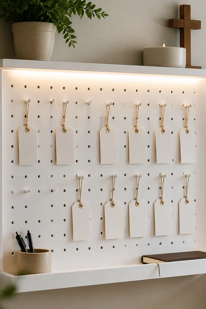 A white pegboard prayer station with tiny hooks holding name tags, and a gentle LED strip under the top shelf casting a soft glow across the tags.
