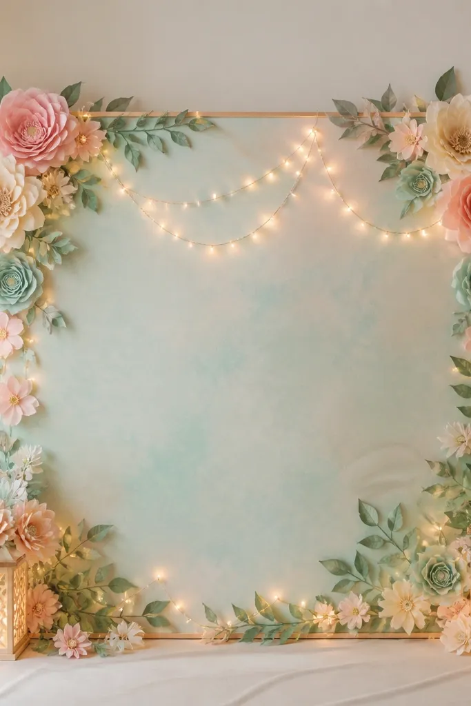 A pastel floral prayer board decorated with paper flowers, with fairy lights draped in gentle loops and two mini corner “lantern” boxes glowing softly.