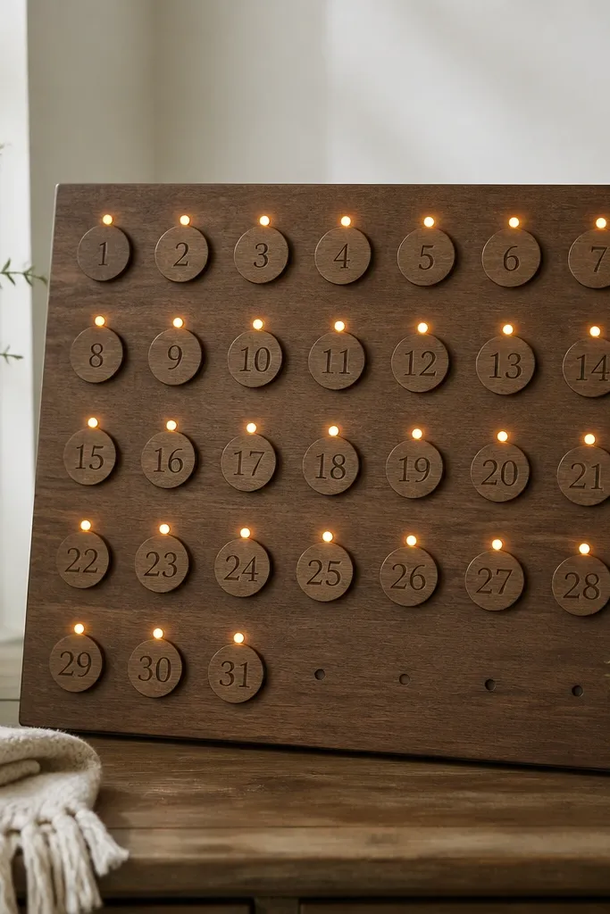 A calendar-style prayer board with small numbered circles, and tiny LED “bulb” dots lighting up near each date section.