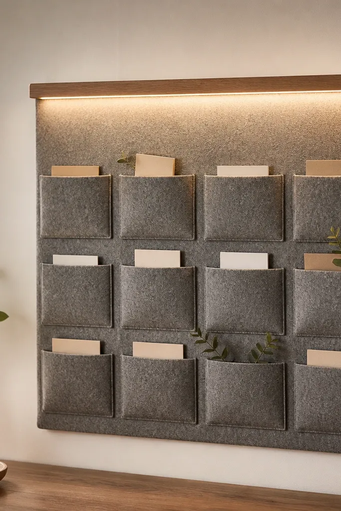 A felt-covered prayer board with multiple rectangular pockets for prayer requests, and a thin LED strip hidden behind the top border casting a gentle halo over the pockets.