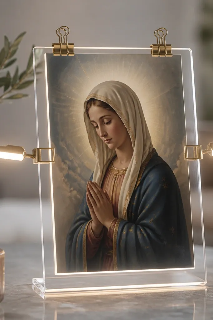 A clear acrylic or laminate prayer card display with binder clips, and two clip-on light bars shining across the card edges.
