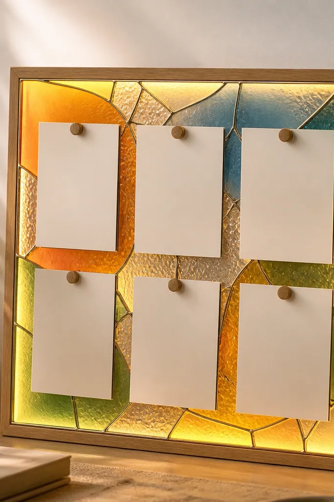 A prayer board with translucent colored “glass” panels and a warm LED glow coming from behind, making the colors look like stained glass around verse cards.