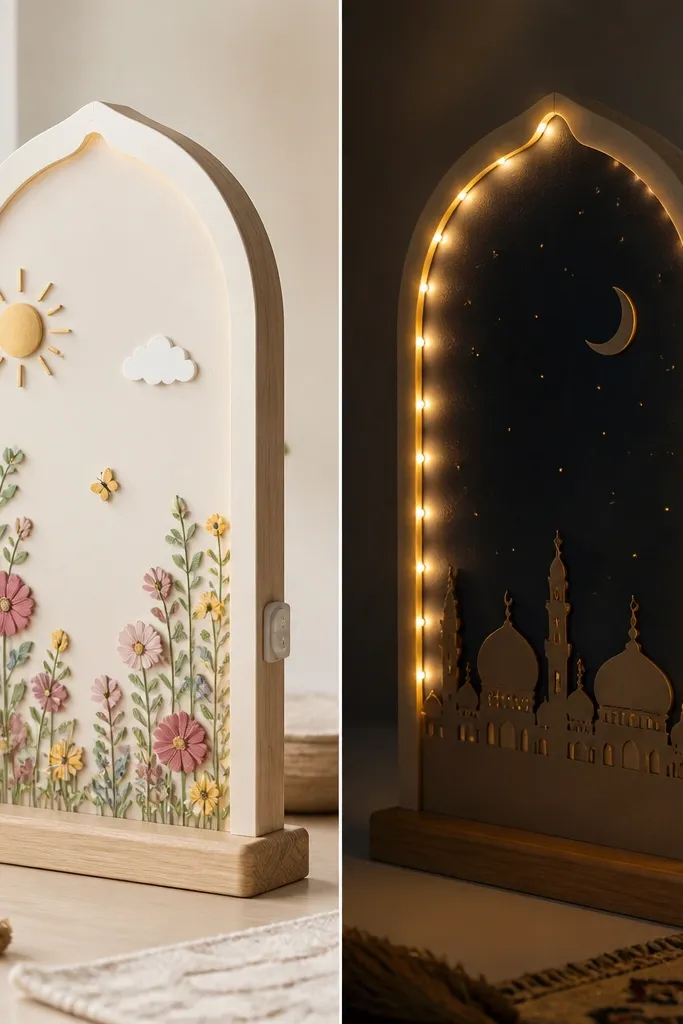 A two-sided prayer board where one side shows cheerful daytime decorations and the other side shows a nighttime scene with a single switch controlling warm string lights.
