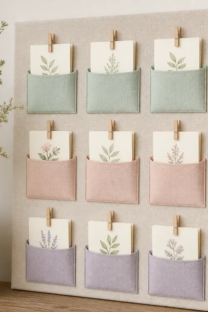 A board wrapped in light beige linen fabric with neat fabric pockets in pastel colors (mint, blush, lavender). Each pocket holds a small folded prayer card with a tiny clothespin label.