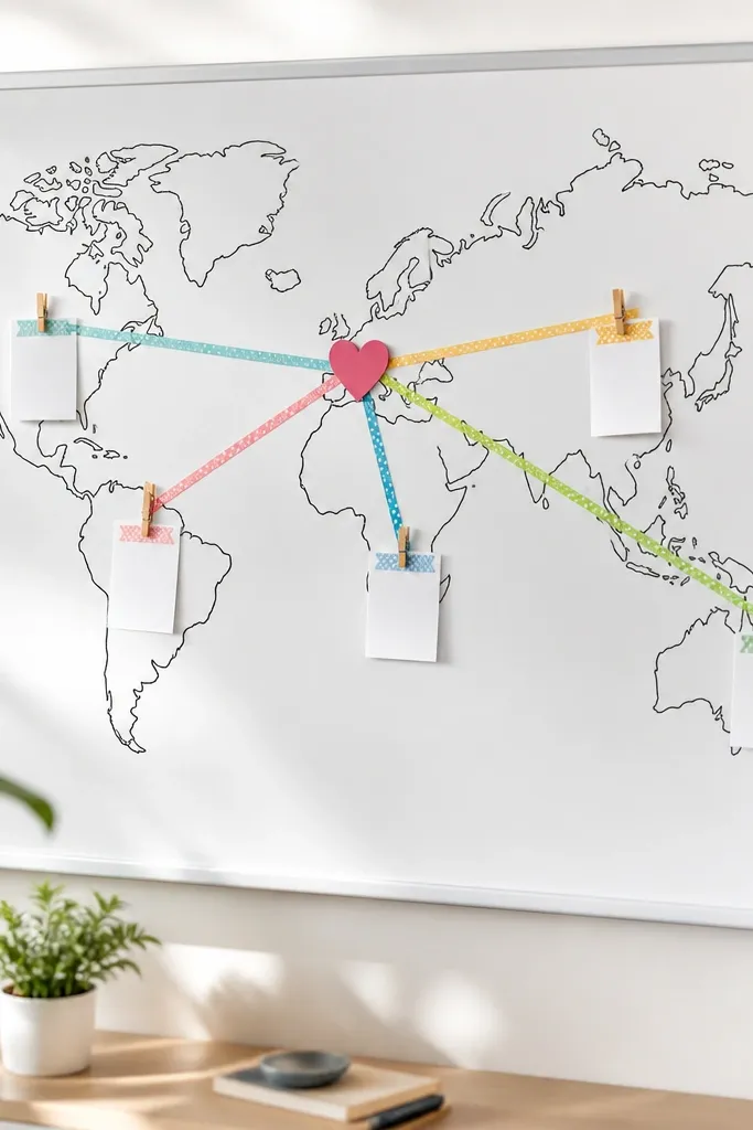 A white board with a hand-drawn world map outlined using black marker. Bright washi tape “routes” connect continents to a central heart icon, and prayer notes hang from mini clips along the routes.