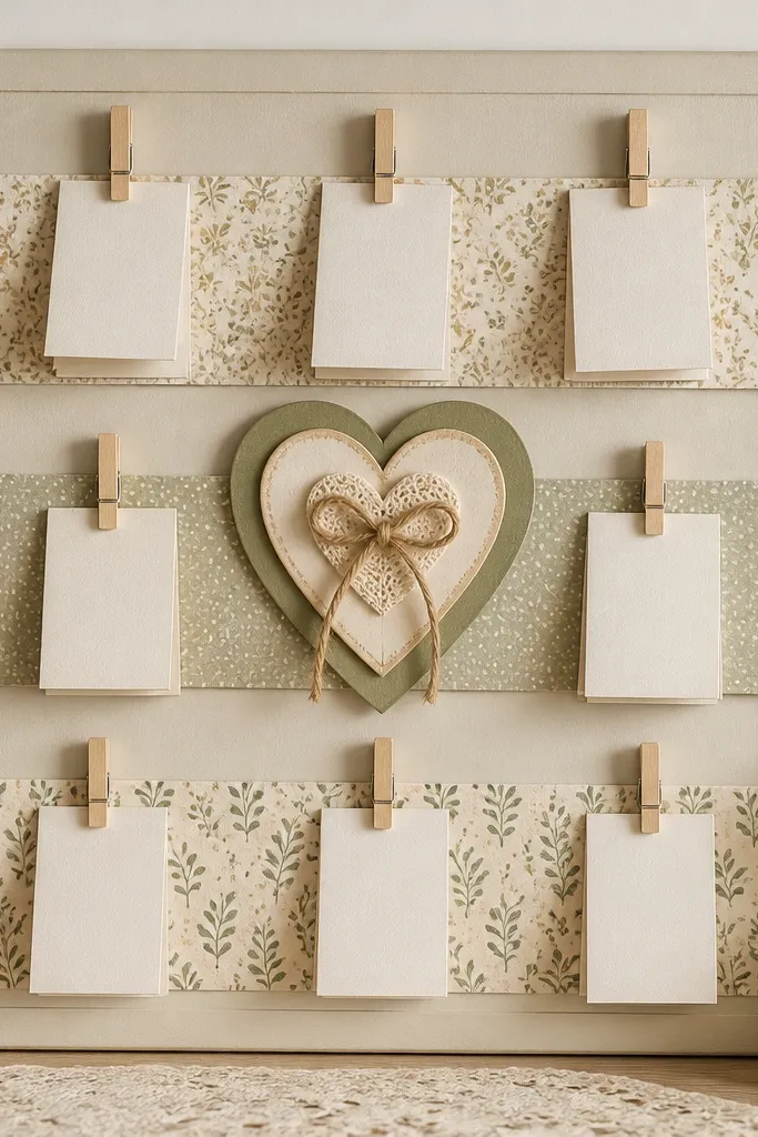 A cream-colored board with three horizontal strips of patterned paper. Multiple small clothespins hold folded scripture cards, and a central heart cutout is layered with cardstock and twine.