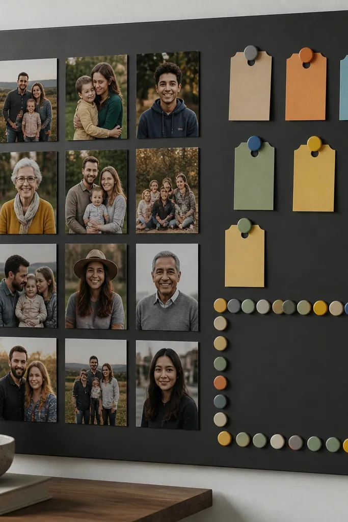 A dark charcoal magnetic board with a grid of small family photos. Colorful magnets hold handwritten prayer tags, and a “Please Pray” section has a magnet strip border.