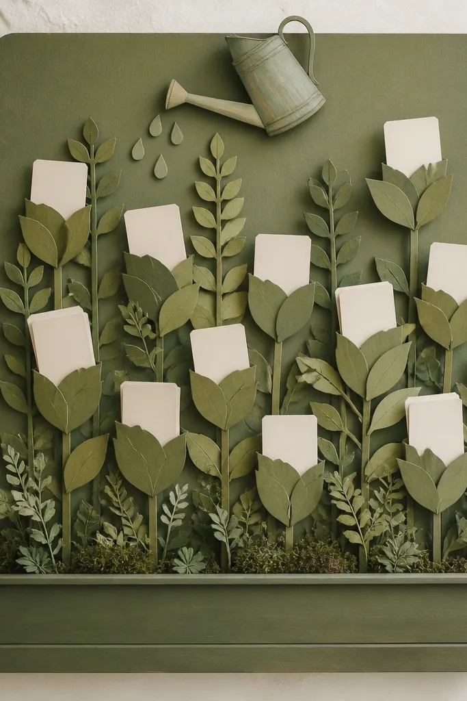 A green board styled like a garden bed with layered paper stems and paper leaves. Prayer cards are tucked into leaf pockets, and a small watering-can illustration sits at the top.