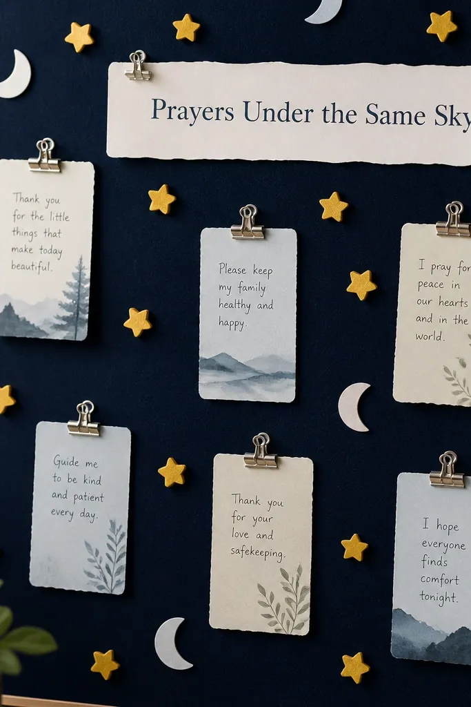 A deep navy board with star-shaped foam pieces and tiny paper moons. Prayer cards are attached with silver binder clips, and a strip of light-colored paper reads “Prayers Under the Same Sky.”