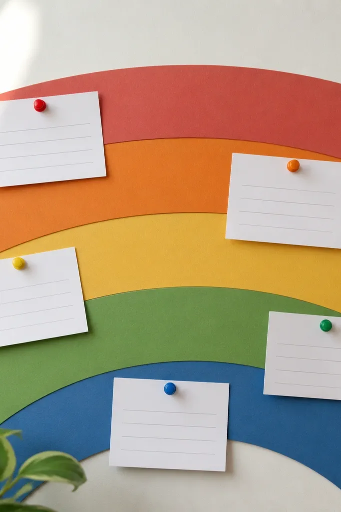 A rainbow arc made from thick cardstock bands across a light background. Each band has a label: “Needs,” “Healing,” “Joy,” “Thanks,” and cards are pinned with matching colored pins.