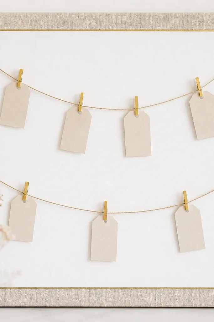 A beige fabric board with a white center panel framed by gold washi tape corners. Small prayer tags hang from thin twine and tiny gold clothespins, with lots of negative space.
