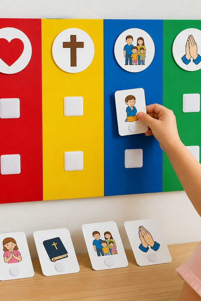 A bright primary-colored board with Velcro squares. Kids’ prayer cards have matching Velcro dots, and sticker icons (heart, cross, family, hands) sit above each section.