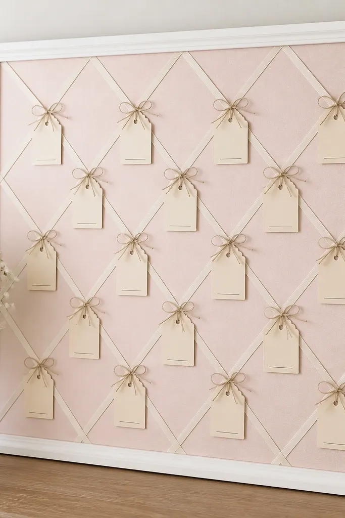 A whiteboard covered in soft blush paper with a crisscross ribbon grid. Each ribbon end holds a small tag reading “Pray For” and a blank line, and the tags are tied with thin twine bows.