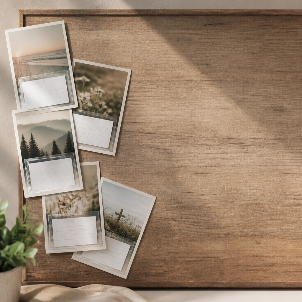 A prayer board with one corner filled by overlapping polaroid-style cards; each card has a white border and a small handwritten prayer note tucked inside a clear tape pocket.